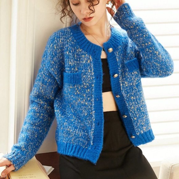 Blue Casual Womens Knit Mix Marled Knit Drop Shoulder Cardigan - Picture 2 of 6